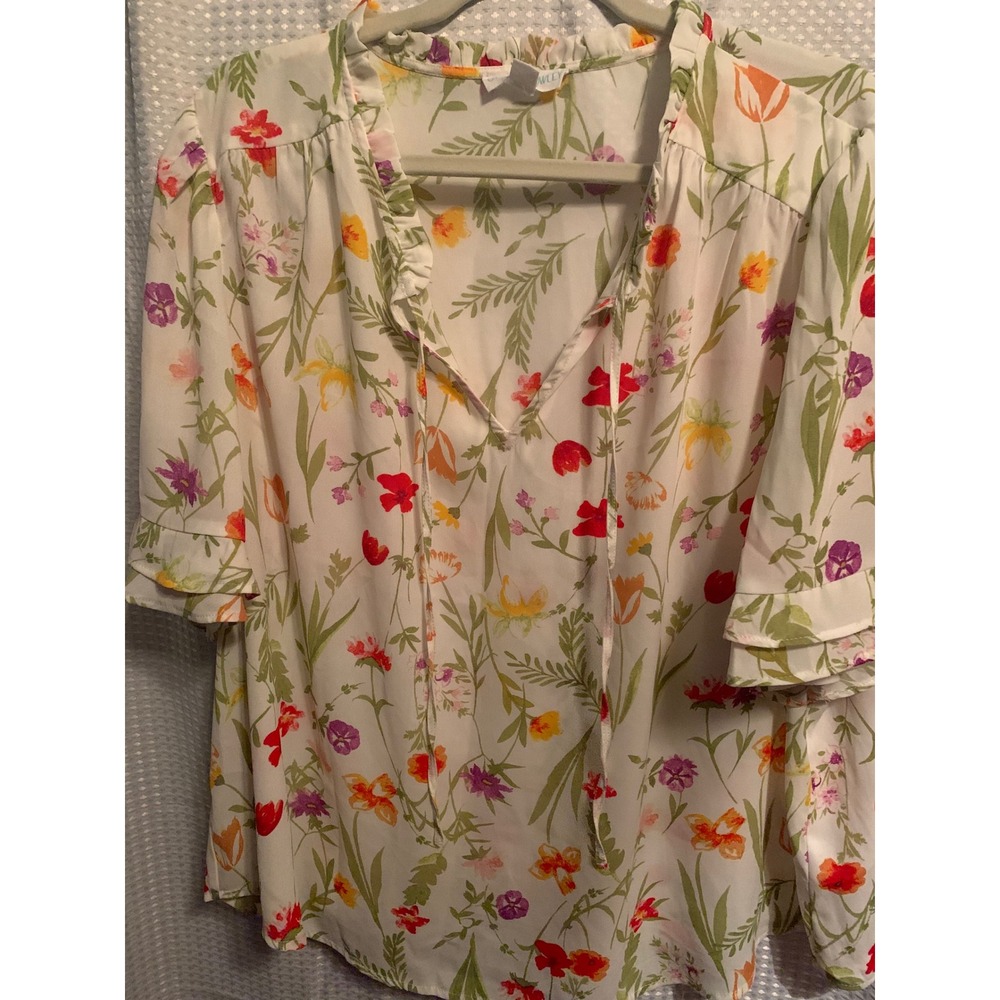 Cynthia Rowley Womens 2X Floral Ruffle Neck Tie Blouse Short Sleeve White Multi
